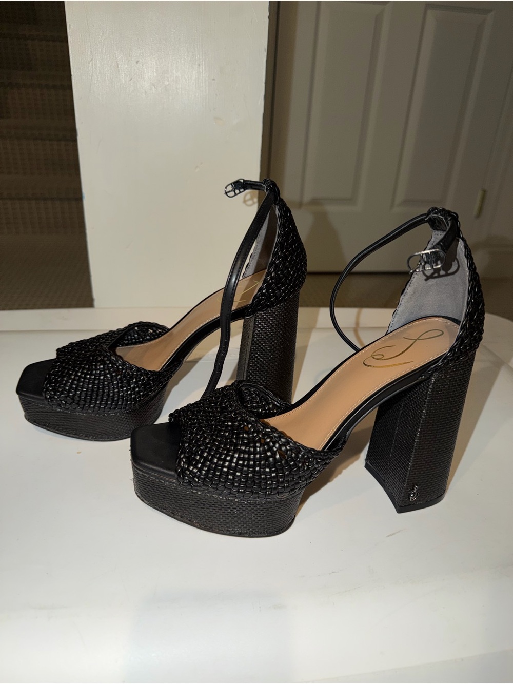 Steve Madden Black Woven Platform Block Heels